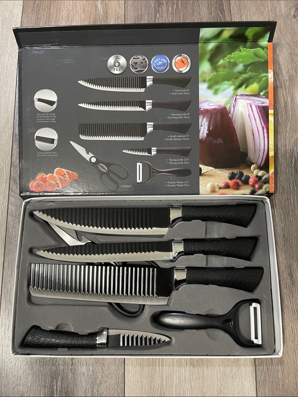 6-Piece Serrated Knife and Peeler Set with Black Handles
